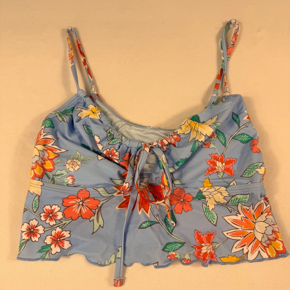 Cupshe Floral Bikini Set S Top M Bottom Blue Orange Ruffle Tie Front High Cut - Picture 11 of 16